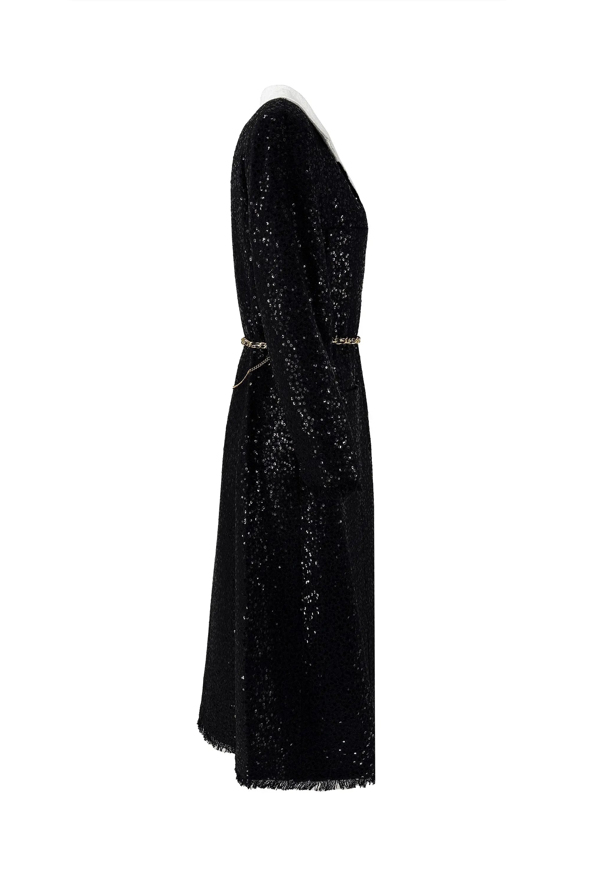 Glamorous Black Sparkle Coat with White Collar and Leopard Print Belt ULA